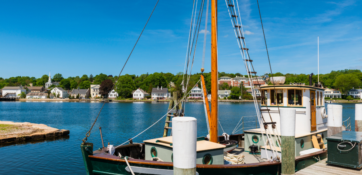 Boat docked in New England bay