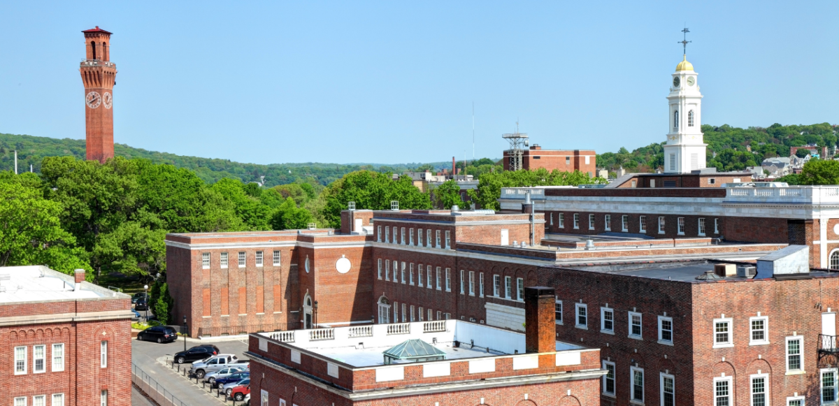 Waterbury skyline, with iconic Union Square clocktower in the distance.