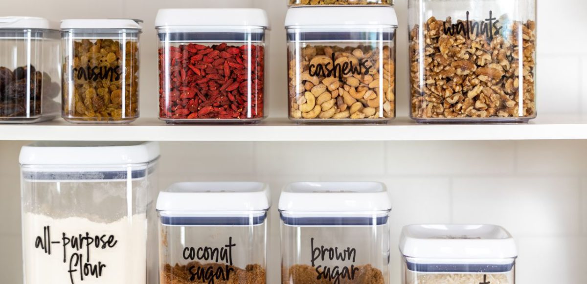 Transparent, labeled containers can help you keep track of what ingredients you have on hand.