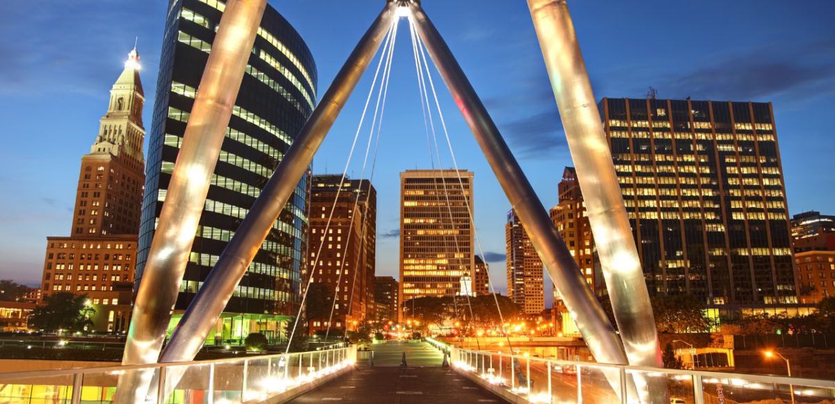 Hartford skyline as viewed from a bridge at night