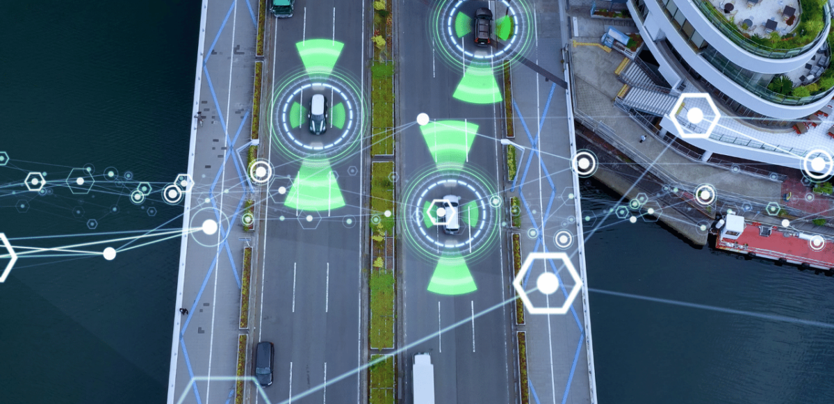 Highway with stylized sensors around the cars